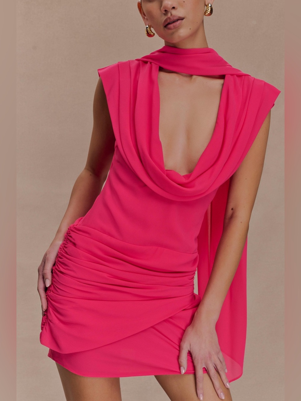 MESHKI Giulia Chiffon Draped Mini Dress Raspberry Pink NWT Size S Cocktail
